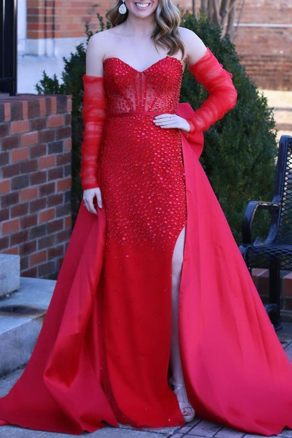 Sabriel | Red Sweetheart Satin Beaded Long Prom Dress With Split - KissProm