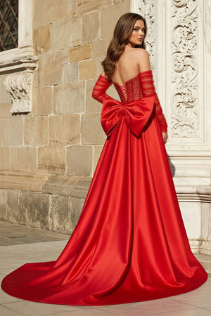 Red Sweetheart Satin Beaded Long Prom Dress With Split - KissProm