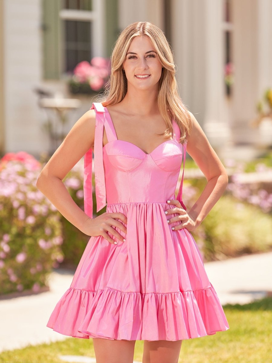 A-Line Sweetheart Pink Ruffled Taffeta Homecoming Dress with Bow Straps, Pink / 8