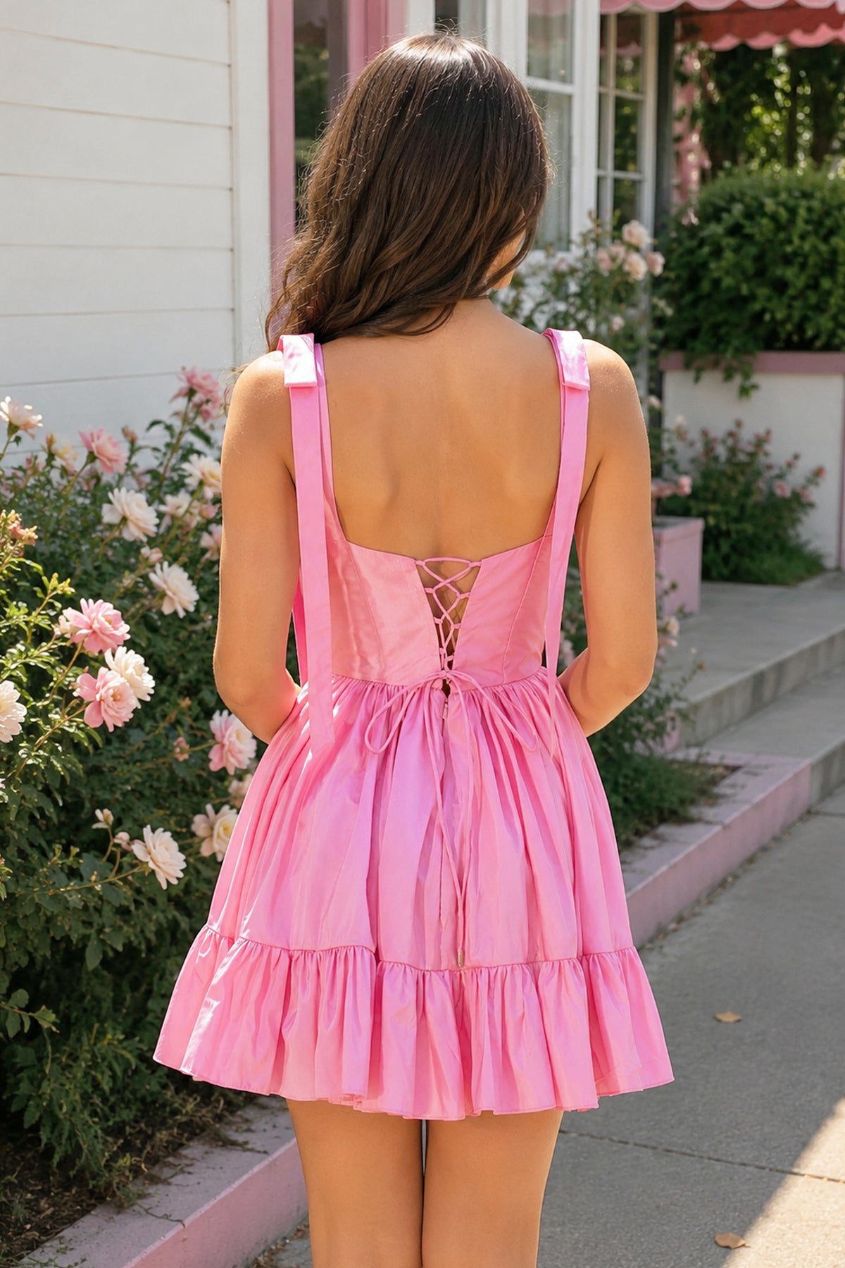 KissProm A-line Sweetheart Pink Ruffled Taffeta Homecoming Dress With Bow Straps, Pink / 8