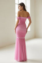 Sadia | Off Shoulder Pink Ruched Long Prom Dress with Ruffle Hem - KissProm