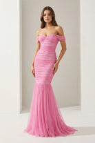 Sadia | Off Shoulder Pink Ruched Long Prom Dress with Ruffle Hem - KissProm