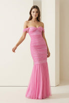 Sadia | Off Shoulder Pink Ruched Long Prom Dress with Ruffle Hem - KissProm