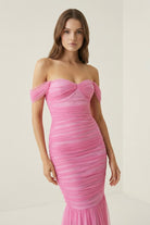Sadia | Off Shoulder Pink Ruched Long Prom Dress with Ruffle Hem - KissProm