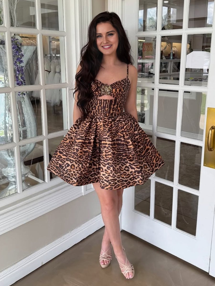 Saela | Leopard - A Line Spaghetti Straps Satin Short Homecoming Dress With Beadings