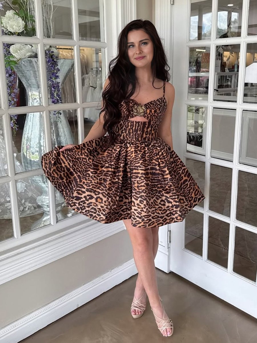 Saela | Leopard - A Line Spaghetti Straps Satin Short Homecoming Dress With Beadings