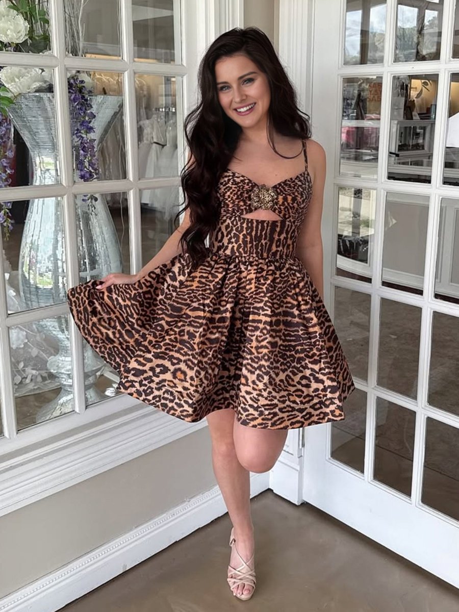 Saela | Leopard - A Line Spaghetti Straps Satin Short Homecoming Dress With Beadings