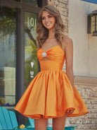 Saela | Orange - A Line Spaghetti Straps Satin Short Homecoming Dress With Beadings