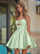 Saela | Sage - A Line Spaghetti Straps Satin Short Homecoming Dress With Beadings