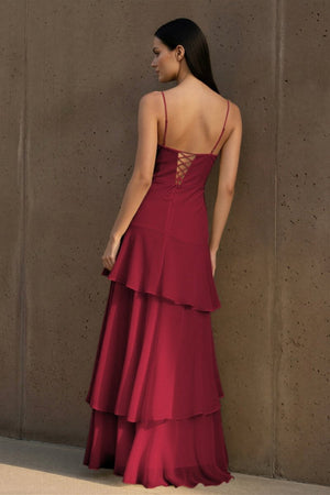 Yellow Spaghetti Straps Chiffon Sheath Long Formal Prom Dresses With Ruffles - KissProm