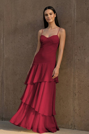 Yellow Spaghetti Straps Chiffon Sheath Long Formal Prom Dresses With Ruffles - KissProm