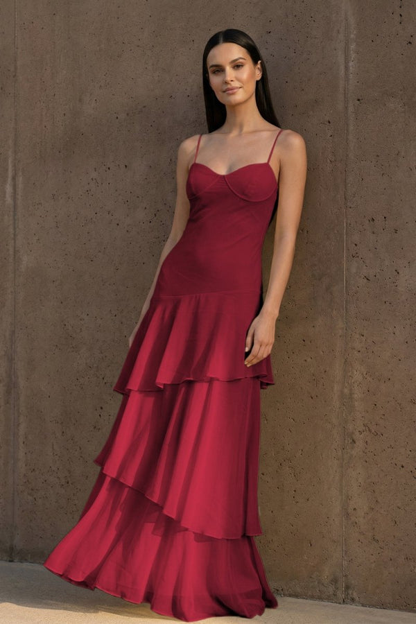 Yellow Spaghetti Straps Chiffon Sheath Long Formal Prom Dresses With Ruffles - KissProm