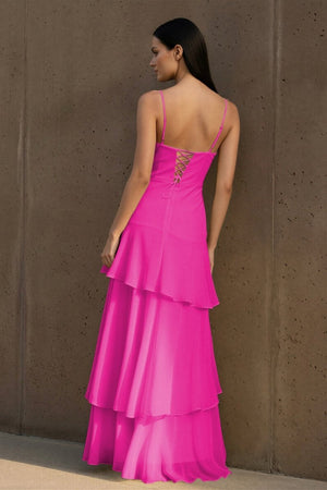 Yellow Spaghetti Straps Chiffon Sheath Long Formal Prom Dresses With Ruffles - KissProm