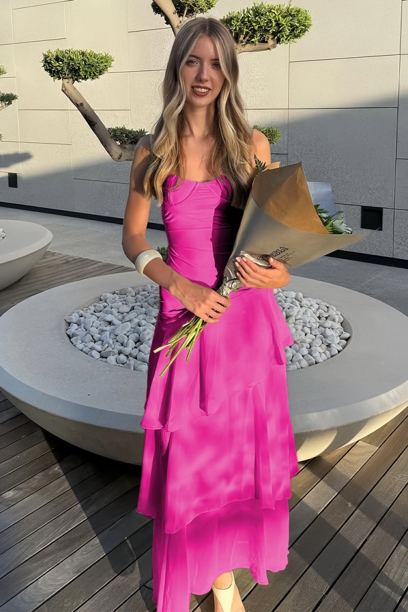 Saevy | Yellow - Spaghetti Straps Chiffon Sheath Long Formal Prom Dresses With Ruffles - KissProm