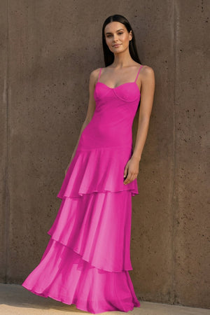 Yellow Spaghetti Straps Chiffon Sheath Long Formal Prom Dresses With Ruffles - KissProm