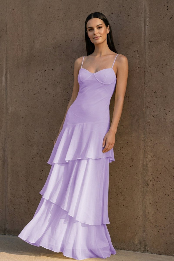 Yellow Spaghetti Straps Chiffon Sheath Long Formal Prom Dresses With Ruffles - KissProm