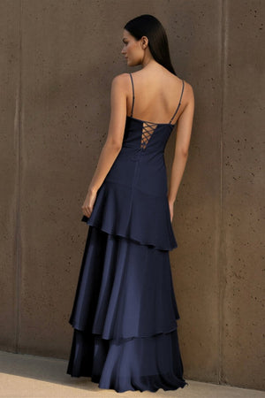 Yellow Spaghetti Straps Chiffon Sheath Long Formal Prom Dresses With Ruffles - KissProm