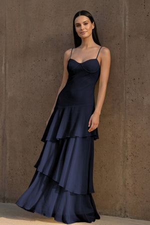 Yellow Spaghetti Straps Chiffon Sheath Long Formal Prom Dresses With Ruffles - KissProm