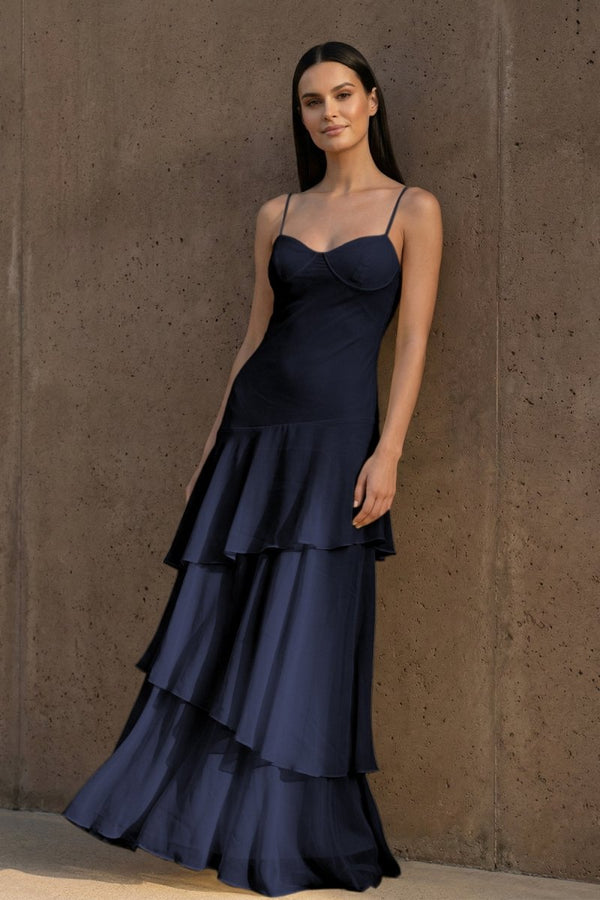 Yellow Spaghetti Straps Chiffon Sheath Long Formal Prom Dresses With Ruffles - KissProm