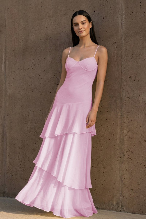 Yellow Spaghetti Straps Chiffon Sheath Long Formal Prom Dresses With Ruffles - KissProm