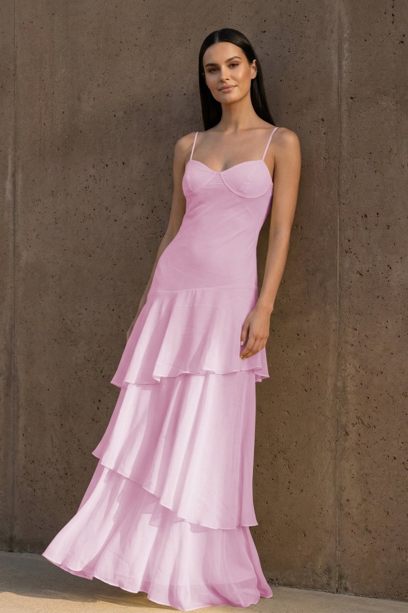 Yellow Spaghetti Straps Chiffon Sheath Long Formal Prom Dresses With Ruffles Pink / 18