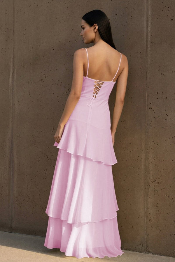 Yellow Spaghetti Straps Chiffon Sheath Long Formal Prom Dresses With Ruffles - KissProm