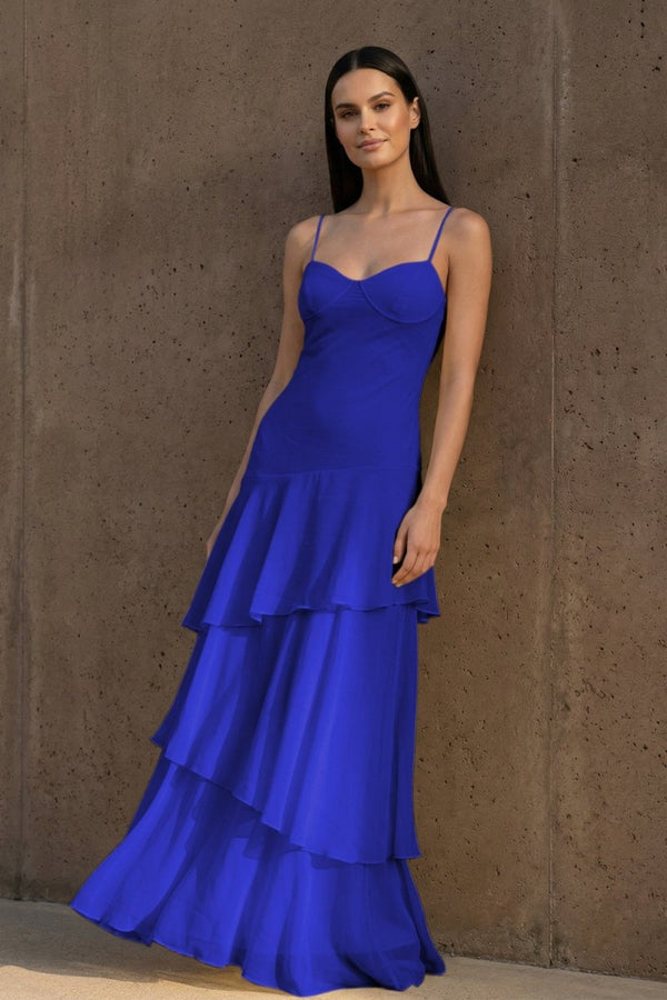 Yellow Spaghetti Straps Chiffon Sheath Long Formal Prom Dresses With Ruffles - KissProm