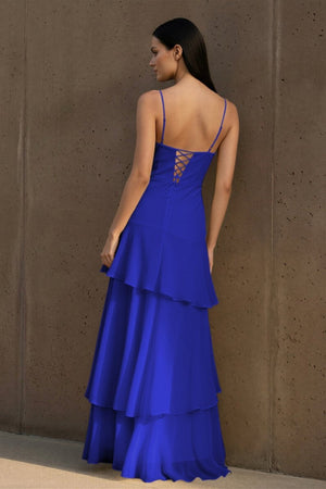 Yellow Spaghetti Straps Chiffon Sheath Long Formal Prom Dresses With Ruffles - KissProm