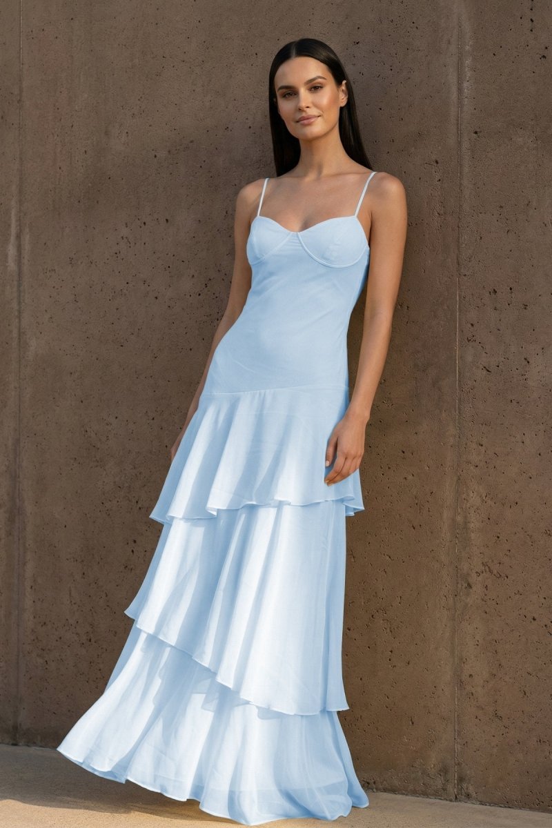 Sky Blue Spaghetti Straps Chiffon Sheath Long Formal Prom Dresses With Ruffles – Prom Dress by KissProm | Available at KissProm