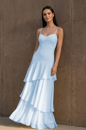 Yellow Spaghetti Straps Chiffon Sheath Long Formal Prom Dresses With Ruffles – Prom Dress by KissProm | Available at KissProm
