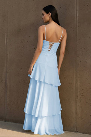 Yellow Spaghetti Straps Chiffon Sheath Long Formal Prom Dresses With Ruffles – Prom Dress by KissProm | Available at KissProm