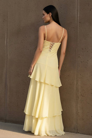 Yellow Spaghetti Straps Chiffon Sheath Long Formal Prom Dresses With Ruffles - KissProm