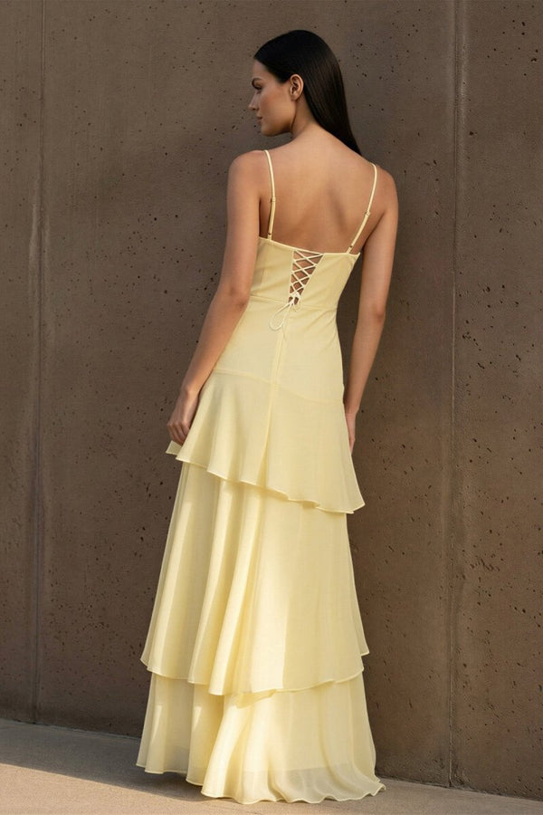 Yellow Spaghetti Straps Chiffon Sheath Long Formal Prom Dresses With Ruffles - KissProm