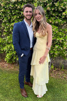 Saevy | Yellow - Spaghetti Straps Chiffon Sheath Long Formal Prom Dresses With Ruffles - KissProm