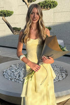 Saevy | Yellow - Spaghetti Straps Chiffon Sheath Long Formal Prom Dresses With Ruffles - KissProm