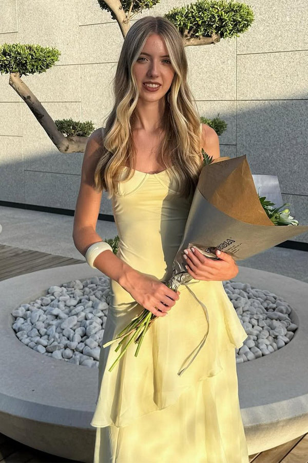 Saevy | Yellow - Spaghetti Straps Chiffon Sheath Long Formal Prom Dresses With Ruffles - KissProm