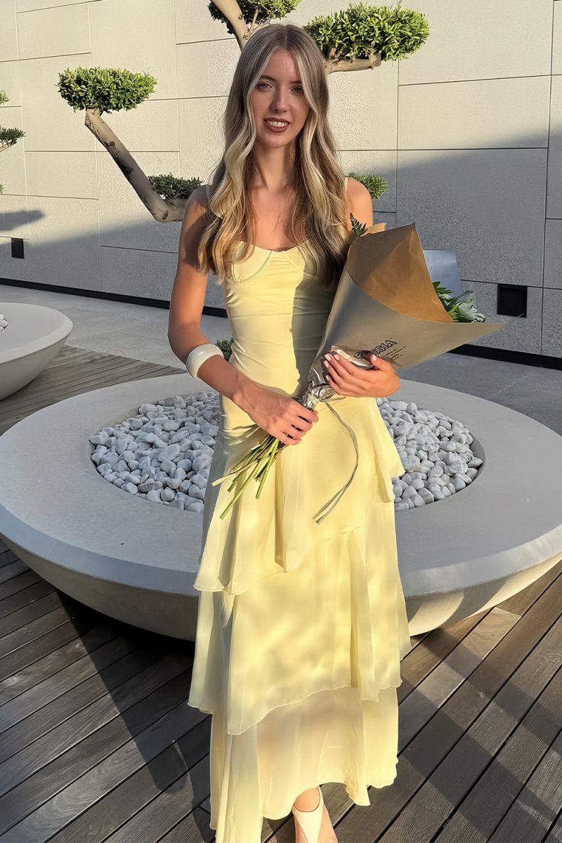 Yellow Spaghetti Straps Chiffon Sheath Long Formal Prom Dresses With Ruffles Yellow / 4