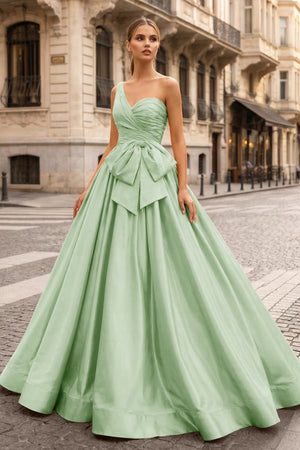KissProm-Sage One Shoulder Satin A Line Prom Dress With Bow