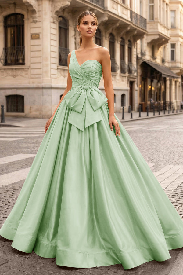 KissProm-Sage One Shoulder Satin A Line Prom Dress With Bow