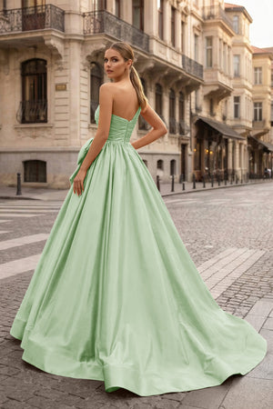 KissProm-Sage One Shoulder Satin A Line Prom Dress With Bow