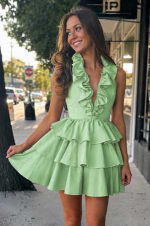 Sage Green A-Line Deep Halter Satin Short Homecoming Dress with Ruffles | KISSPROM