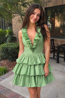 Sage Green A-Line Deep Halter Satin Short Homecoming Dress with Ruffles | KISSPROM
