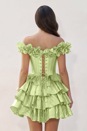 Sage Green A-Line Off-the-Shoulder Corset Ruffle Tiered Homecoming Dress (2) | KISSPROM