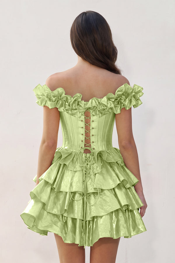 Sage Green A-Line Off-the-Shoulder Corset Ruffle Tiered Homecoming Dress (2) | KISSPROM