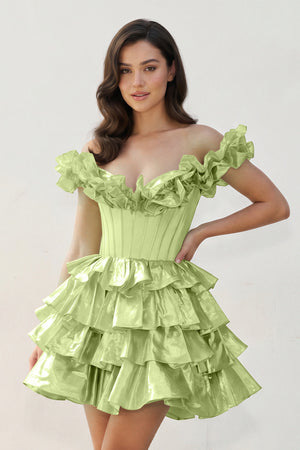 Sage Green A-Line Off-the-Shoulder Corset Ruffle Tiered Homecoming Dress | KISSPROM