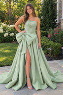 Sage Green A-line Strapless Taffeta Long Prom Dress With Slit | KISSPROM