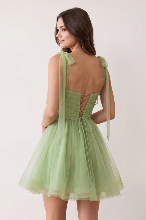 Sage Green A-Line V-Neck Pleated Short Homecoming Dress (2) | KISSPROM
