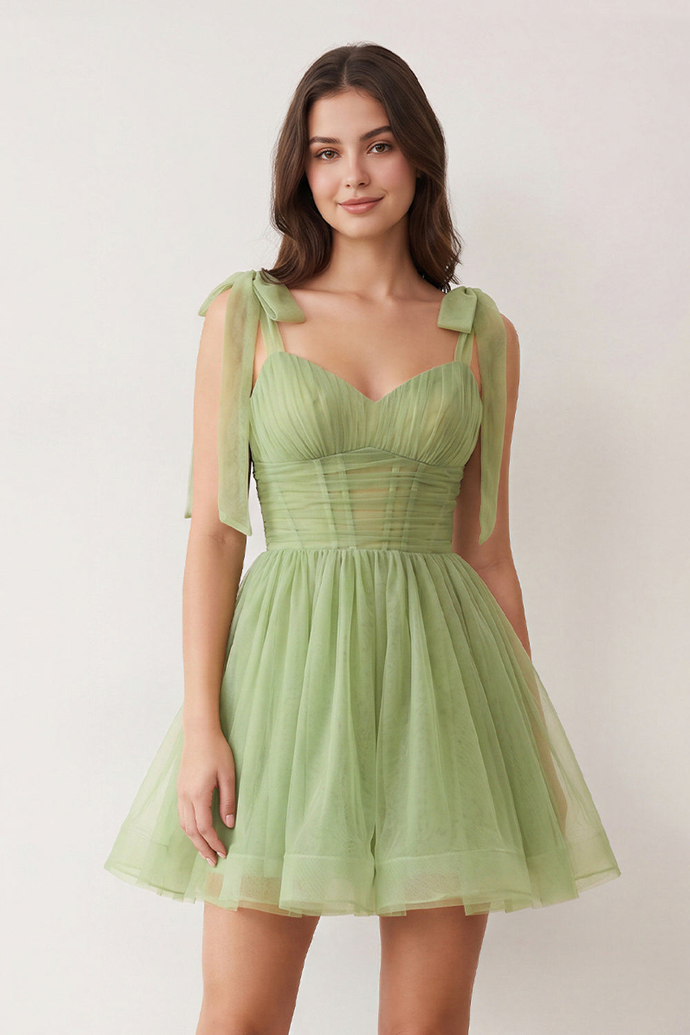 Sage Green A-Line V-Neck Pleated Short Homecoming Dress | KISSPROM