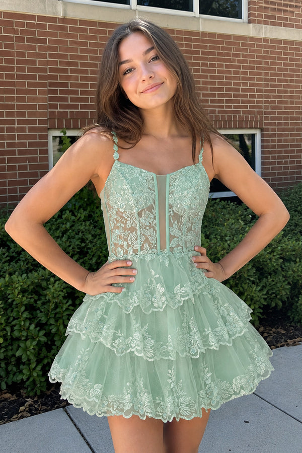 Sage Green A Line V Neck Sequins Short Homcoming Dresses With Appliques | KISSPROM