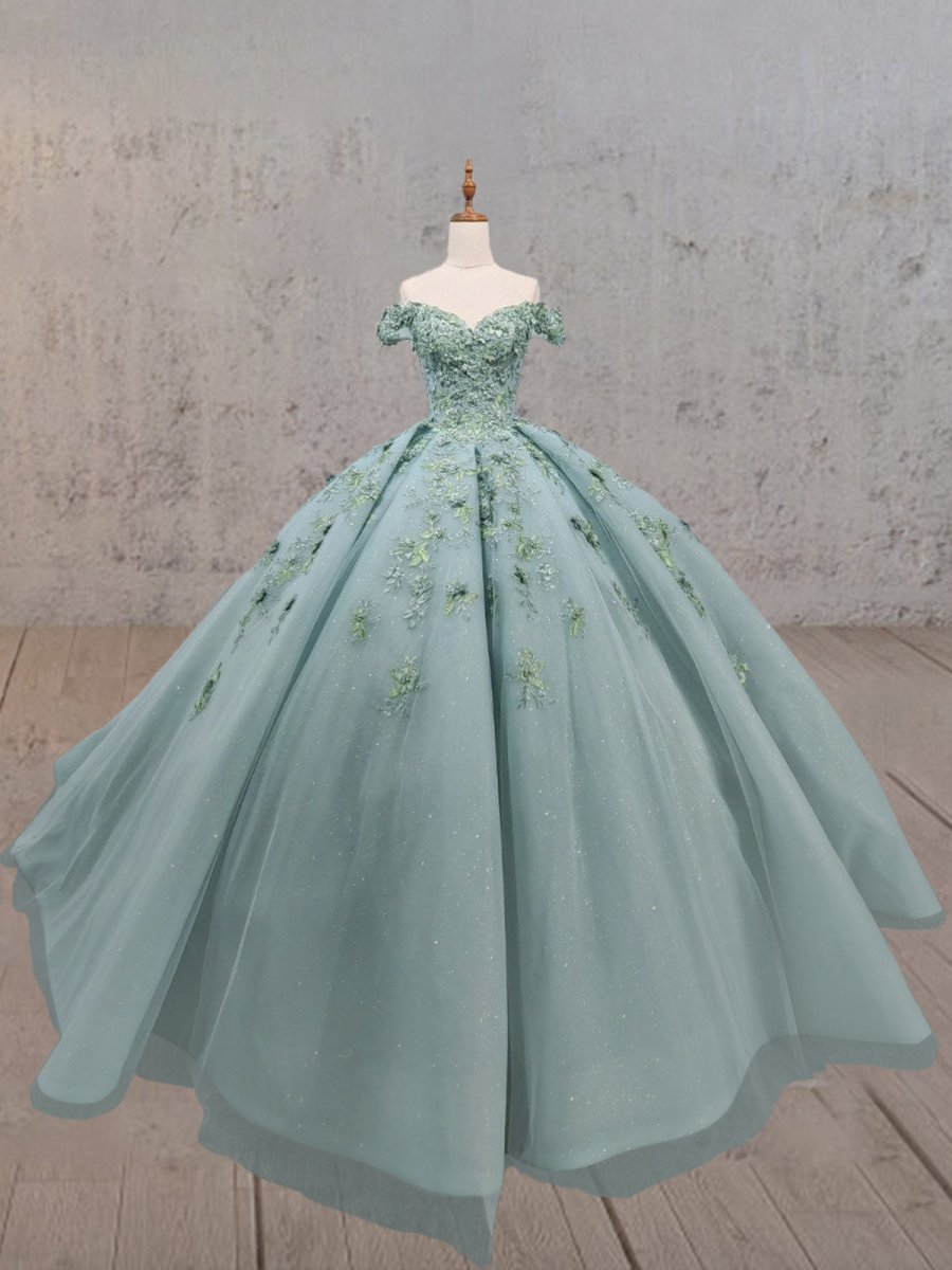 Sage Green Ball - Gown Off - the - Shoulder Quinceanera Dresses - KissProm